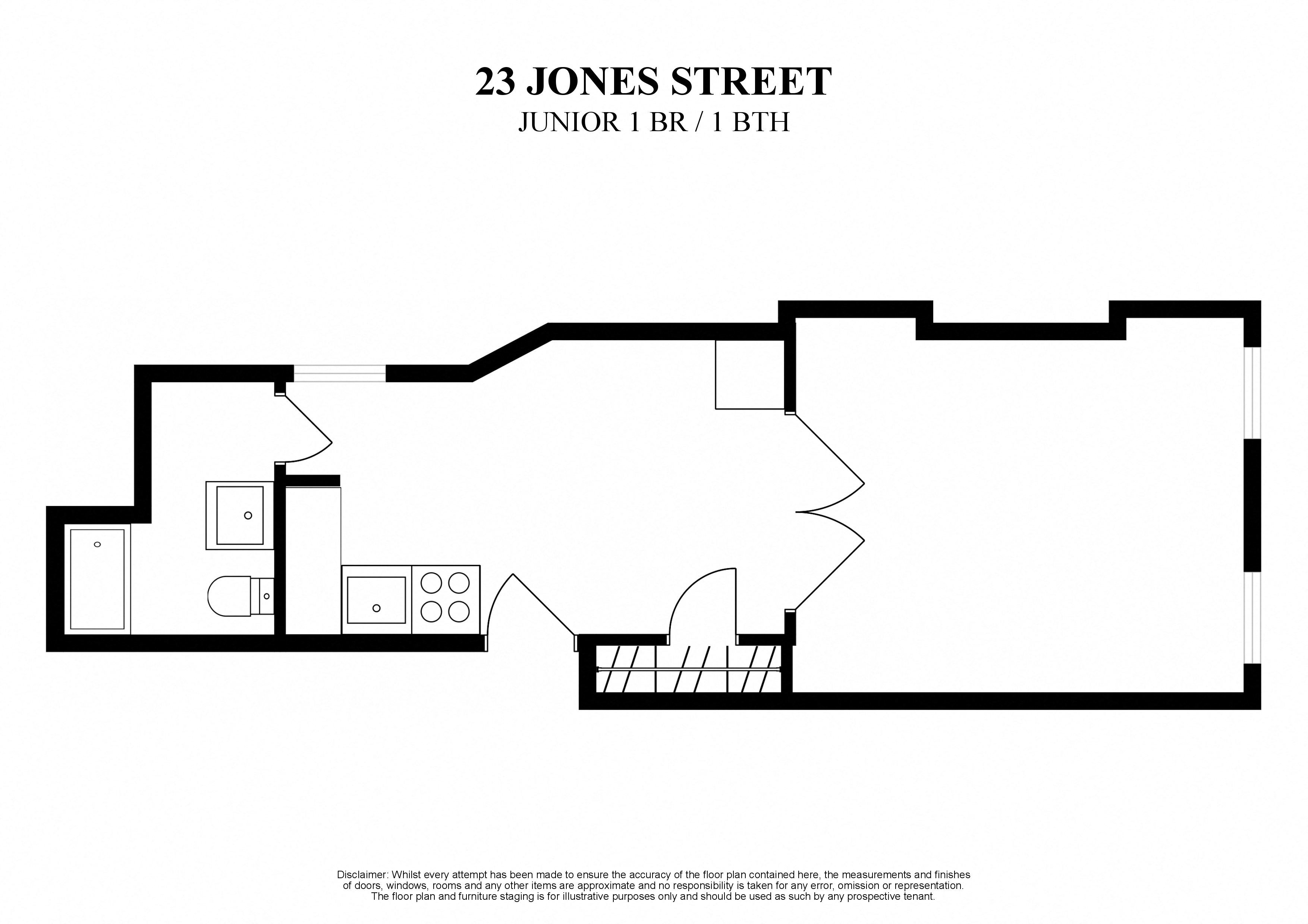 2D floor plan for junior one bedroom one bath at 23 Jonest Street New York